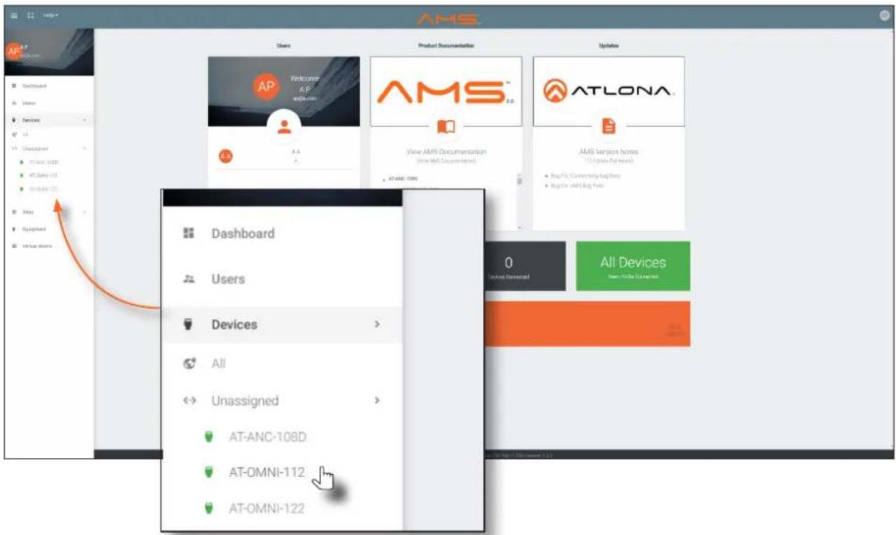 AMS Users Product Documentation Updates AP Welcome AP AMS™ 2.0 View AMS Documentation (Show Web Documents) ATLONA AMS Version home 100 (Show Web Notes) Buy/Find Connects/Buy/Sorts Buy/Find Alert/Ag/Next Dashboard Users Devices All Unassigned AT-ANC-108D AT-OMNI-112 AT-OMNI-122 0 Backed Connected All Devices Show to the 32 months