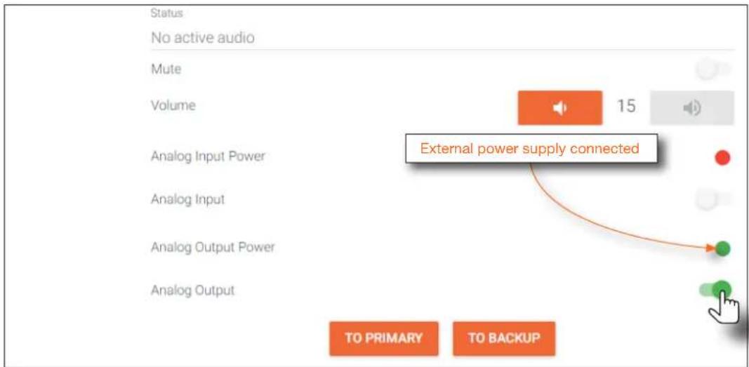 Status No active audio Mute Volume 15 External power supply connected Analog Input Power Analog Input Analog Output Power Analog Output TO PRIMARY TO BACKUP