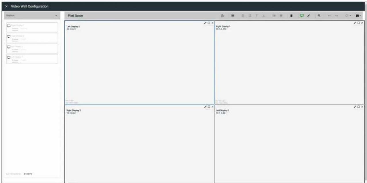 Video Wall Configuration Pixel Space Left Display 2 10.1.0.31 Right Display 1 10.1.0.10 Right Display 2 10.1.0.67 Left Display 1 10.1.0.84