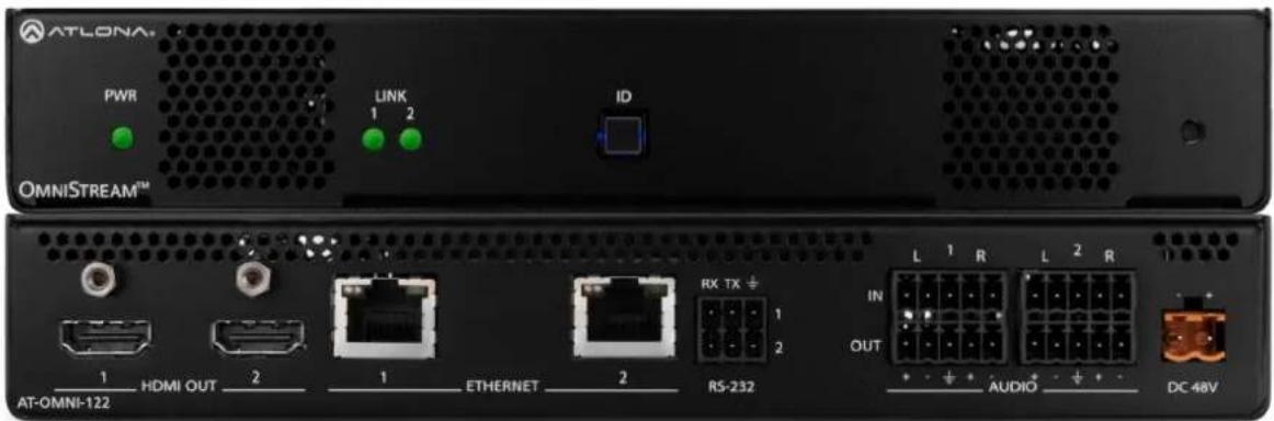 ATLONA PWR LINK ID OMNISTREAM™ 1 2 RX TX ÷ IN OUT L 1 R L 2 R 1 HDMI OUT 2 1 ETHERNET 2 RS-232 + - + + AUDIO - + - DC 48V AT-OMNI-122