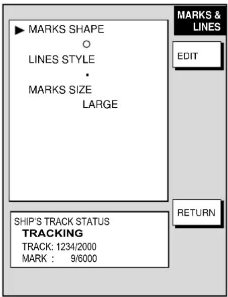 MARKS SHAPE ○ LINES STYLE • MARKS SIZE LARGE MARKS & LINES EDIT SHIP'S TRACK STATUS TRACKING TRACK: 1234/2000 MARK : 9/6000 RETURN