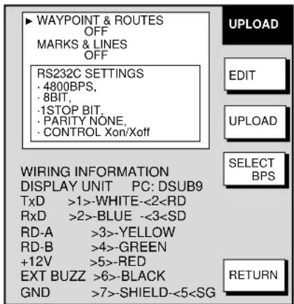 WAYPOINT & ROUTES OFF MARKS & LINES OFF RS232C SETTINGS · 4800BPS, · 8BIT, ·1STOP BIT, ·PARITY NONE, ·CONTROL Xon/Xoff WIRING INFORMATION DISPLAY UNIT PC: DSUB9 TxD >1>-WHITE-<22>-BLUE -<33>-YELLOW RD-B >4>-GREEN +12V >5>-RED EXT BUZZ >6>-BLACK GND >7>-SHIELD-<5