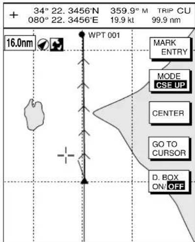 + 34° 22. 3456'N 359.9° M TRIP CU 080° 22. 3456'E 19.9 kt 99.9 nm 16.0nm WPT 001 MARK ENTRY MODE CSE UP CENTER GO TO CURSOR D. BOX ON/OFF
