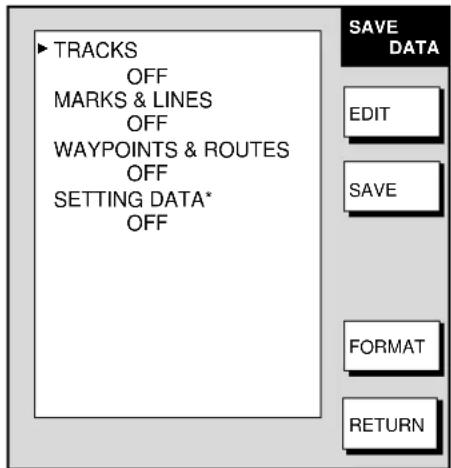 TRACKS OFF MARKS & LINES OFF WAYPOINTS & ROUTES OFF SETTING DATA* OFF SAVE DATA EDIT SAVE FORMAT RETURN