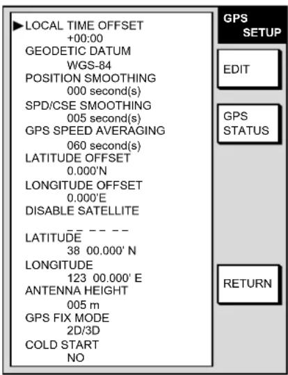 LOCAL TIME OFFSET +00:00 GEODETIC DATUM WGS-84 POSITION SMOOTHING 000 second(s) SPD/CSE SMOOTHING 005 second(s) GPS SPEED AVERAGING 060 second(s) LATITUDE OFFSET 0.000'N LONGITUDE OFFSET 0.000'E DISABLE SATELLITE LATITUDE 38 00.000' N LONGITUDE 123 00.000' E ANTENNA HEIGHT 005 m GPS FIX MODE 2D/3D COLD START NO GPS SETUP EDIT GPS STATUS RETURN