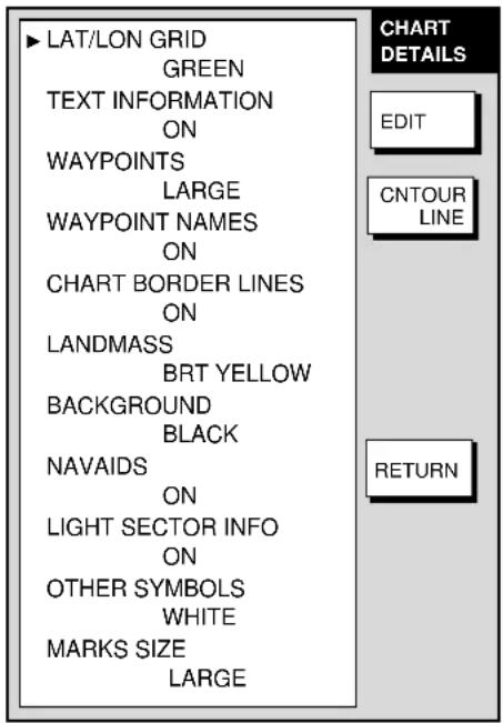 LAT/LON GRID GREEN TEXT INFORMATION ON WAYPOINTS LARGE WAYPOINT NAMES ON CHART BORDER LINES ON LANDMASS BRT YELLOW BACKGROUND BLACK NAVAIDS ON LIGHT SECTOR INFO ON OTHER SYMBOLS WHITE MARKS SIZE LARGE CHART DETAILS EDIT CNTOUR LINE RETURN