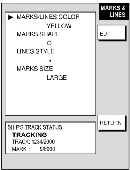 MARKS & LINES YELLOW MARKS SHAPE ○ LINES STYLE • MARKS SIZE LARGE SHIP'S TRACK STATUS TRACKING TRACK: 1234/2000 MARK : 9/6000 EDIT RETURN