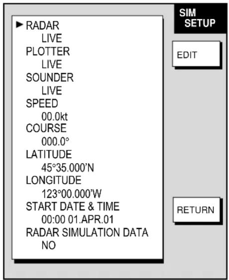 RADAR LIVE PLOTTER LIVE SOUNDER LIVE SPEED 00.0kt COURSE 000.0° LATITUDE 45°35.000'N LONGITUDE 123°00.000'W START DATE & TIME 00:00 01.APR.01 RADAR SIMULATION DATA NO