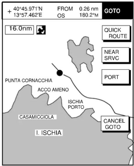 + 40°45.971'N 13°57.462'E FROM 0.26 nm OS 180.2°M GOTO 16.0nm QUICK ROUTE NEAR SRVC PORT PUNTA CORNACCHIA ACCO AMENO ISCHIA PORTO CASAMICCIOLA I. ISCHIA CANCEL GOTO