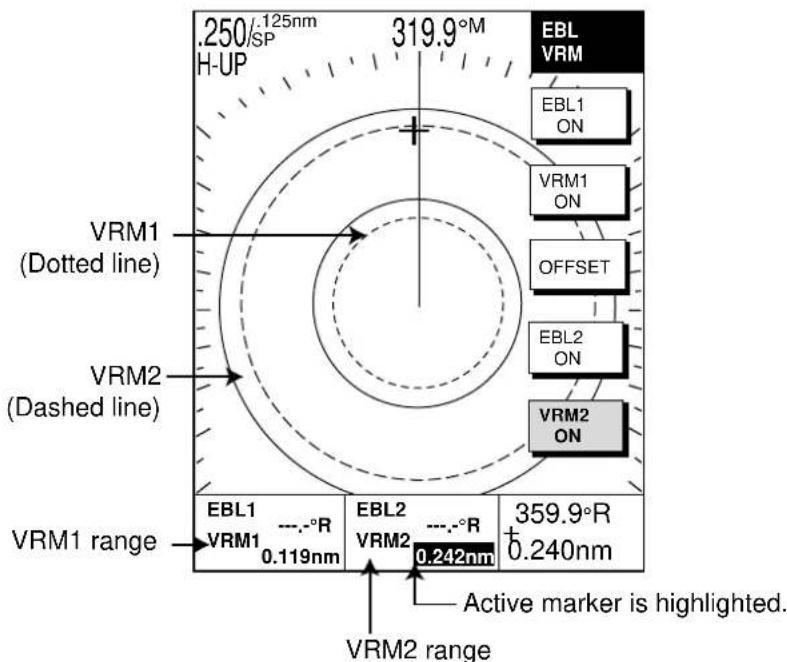 .250/125nm H-UP 319.9°M EBL VRM EBL1 ON VRM1 ON OFFSET EBL2 ON VRM2 ON VRM1 (Dotted line) VRM2 (Dashed line) VRM1 range EBL1 ---.°R VRM1 0.119nm EBL2 ---.°R VRM2 0.242nm 359.9°R ±0.240nm Active marker is highlighted. VRM2 range