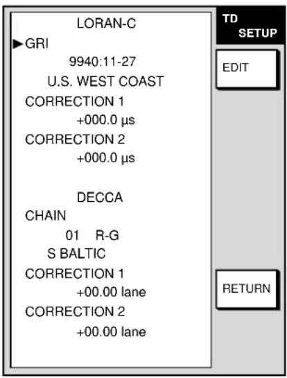 LORAN-C ▶GRI 9940:11-27 U.S. WEST COAST CORRECTION 1 +000.0 μs CORRECTION 2 +000.0 μs DECCA CHAIN 01 R-G S BALTIC CORRECTION 1 +00.00 lane CORRECTION 2 +00.00 lane TD SETUP EDIT RETURN