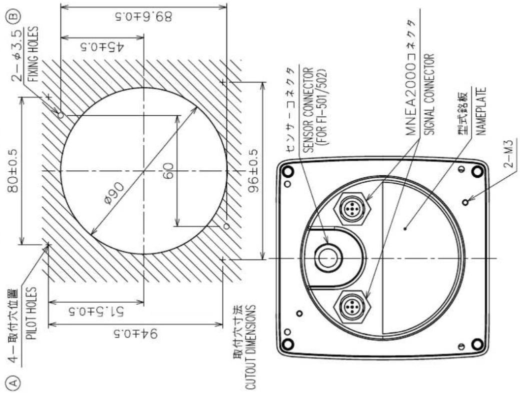 4-取付穴位置 PILOT HOLES 80±0.5 2-φ3.5 FIXING HOLES 94±0.5 51.5±0.5 φ90 60 45±0.5 89.6±0.5 取付穴寸法 CUTOUT DIMENSIONS 96±0.5 センサーコネクタ SENSOR CONNECTOR (FOR FI-501/502) MNEA2000コネクタ SIGNAL CONNECTOR 型式銘板 NAMEPLATE 2-M3