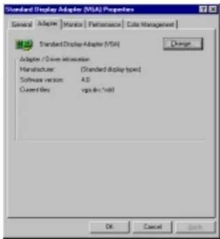 Standard Display Adapter (MSA) Properties General Adapte | Manager | Performance | Colo Management | Standard Display Adapter (MSA) Adapte /Drive information Manufacturer: (Standard display types) Software version: A.D Current file: vgs.drc.7x84 OK Cancel Apply