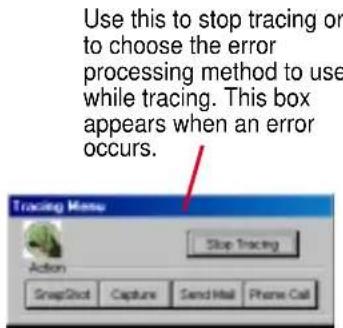 Use this to stop tracing or to choose the error processing method to use while tracing. This box appears when an error occurs.