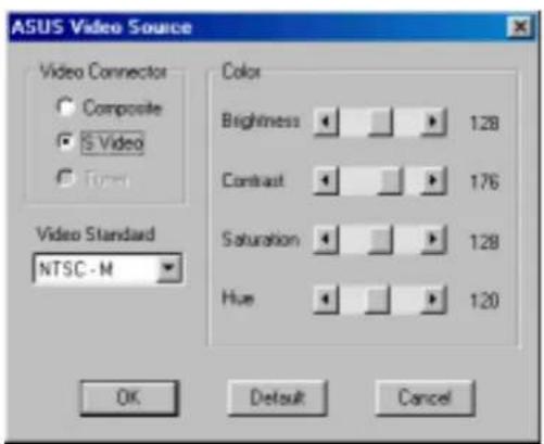 ASUS Video Source Video Connector Composite S-Video Tunes Video Standard NTSC - M Color Brightness 128 Contrast 176 Saturation 128 Hue 120 OK Default Cancel
