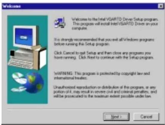 Welcome Welcome to the Intel V8ARTD Driver Setup program. This program will install Intel V8ARTD Driver on your computer. It is strongly recommended that you exit all Windows programs before running this Setup program. Click Cancel to quit Setup and then close any programs you have running. Click Next to continue with the Setup program. WARNING: This program is protected by copyright law and international treaties. Unauthorized reproduction or distribution of the programs, or any portion of it, may result in severe civil and criminal penalties, and will be prosecuted to the maximum extent possible under law. Next > Cancel
