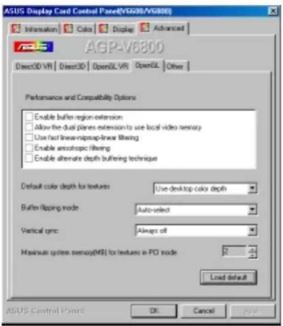 ASUS Display Card Control Panel(V8800/V8800) Information Colors Display Advanced AGP-V8800 Direct3D VR Direct3D Open3L VR Open3L Other Performance and Compatibility Options Enable buffer region extension Allow the dual planes extension to use local video memory Use fast linear-nipmap-linear filtering Enable antisephonic filtering Enable alternate depth buffering technique Default color depth for textures Use desktop color depth Buffer flipping mode Auto-select Vertical sync Always off Maximize system memory(MR) for textures in PCI mode 2 Load default ASUS Control Panel OK Cancel