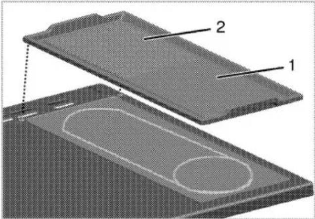 Technical diagram showing two labeled components (1 and 2) on a layered object, with dashed lines indicating alignment or assembly.