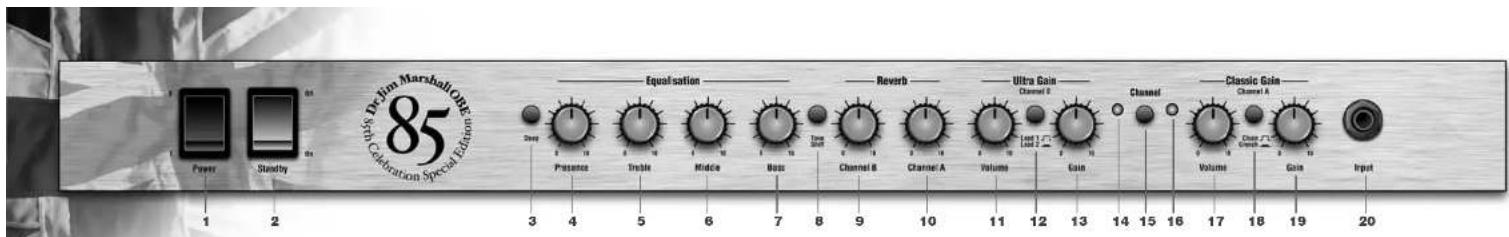 Dr. Jim Marshall ORE 85 Celebration Special Edition Power Standby 1 2 3 4 5 6 7 8 9 10 11 12 13 14 15 16 17 18 19 20 Equalsation Reverb Ultra Gain Channel Deep Sample Channel B Channel A Last Gain Channel Presence Triple Middle Base Channel Volume Gain Volume Channel A Input