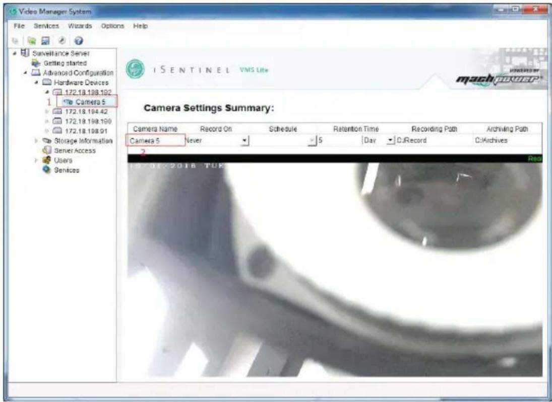 Video Manager System File Services Wizards Options Help Surveillance Server Getting started Advanced Configuration Hardware Devices 172.18.198.192 Camera 5 172.18.194.42 172.18.198.190 172.18.198.91 Storage Information Server Access Users Services ISENTINEL VMS Lite mach@kprop Camera Settings Summary: Camera Name Record On Schedule Retention Time Recording Path Archiving Path Camera 5 Never 5 Day C:\Record C:\Archives 2 Reg. 19-19-2018 TUK