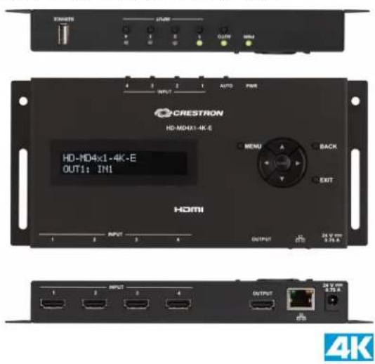 CRESTRON HD-MD4x1-4K-E HDMI HD-MD4x1-4K-E OUT1: IN1 MENU A BACK V EXIT OUTPUT 24 V max 0.75 A OUTPUT 24 V max 0.75 A OUTPUT 24 V max 0.75 A OUTPUT 24 V max 0.75 A OUTPUT 24 V max 0.75 A OUTPUT 24 V max 0.75 A OUTPUT 24 V max 0.75 A OUTPUT 24 V max 0.75 A OUTPUT 24 V max HDMI