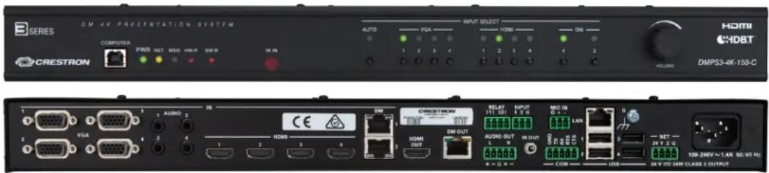 SERIES CM 4K PRESENTATION SYSTEM COMPUTER CRESTRON PWR NET MSCI HWA SM IN INPUT SELECT AUTO VGA HOME DM 1 2 3 4 1 2 3 4 1 2 VOLUME HDMI HDBT DMPS3-4K-150-C 1 AUDIO 2 2 VGA 3 HDMI 4 HDMI 5 SM OUT 6 HDMI 7 Audio OUT 8 Audio 9 CAN 100-240V~1.6A 50/50 Hz 2 USB 3 USB 4 USB 5 USB 6 USB 7 USB 8 USB 9 USB 100-240V~1.6A 50/50 Hz