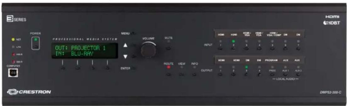 SERIES HOME HDBT POWER NET LAN HUBS COMPUTER CRESTRON PROFESSIONAL MEDIA SYSTEM OUT: PROJECTOR 1 IN: BLU-RAY MENU VOLUME MUTE INPUT HOME HOME HOME/VGA HOME/VGA HOME/VGA COMP DM DM HOME HOME HOME HOME PROGRAM AUX AUX ROUTE VIEW INFO OUTPUT — LOCAL AUDIO — DMPS3-300-C