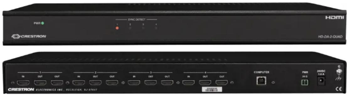 PWR SYNC DETECT 1 2 3 4 CRESTRON HD-DA-2-QUAD 1 IN OUT OUT IN OUT OUT IN OUT OUT IN OUT OUT CRESTRON ELECTRONICS INC. ROCKFICH, NJ 078647 COMPUTER PWR 24 G 24VDC 18 A G CE