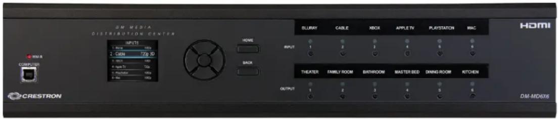 DM MEDIA DISTRIBUTION CENTER INPUTS 2.40W 720x10 3.50W 100p 4.50W TV 100p 5.50W TV 100p 6.50W 100p HOME BACK INPUT 1 2 3 4 5 6 THEATER FAMILY ROOM BATHROOM MASTER BED DINING ROOM KITCHEN OUTPUT 1 2 3 4 5 6 HDMI COMPUTER CRESTRON DM-MD6X6