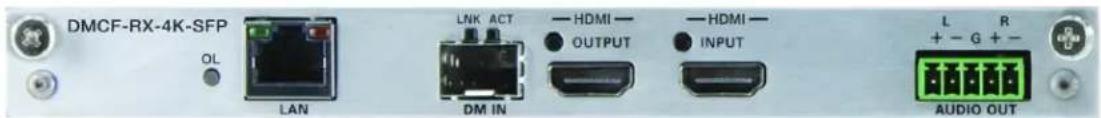 DMCF-RX-4K-SFP OL LAN LNK ACT HDMI OUTPUT HDMI INPUT L R + - G + - AUDIO OUT
