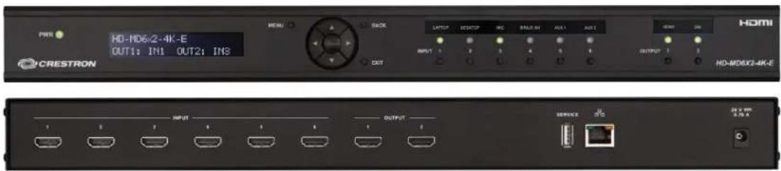 PWR HD-MD6/2-4K-E OUT1: IN1 OUT2: IN3 CRESTRON MENU BACK LATCH HDMI OUTPUT HDMI HDMI HDMI HDMI HDMI OUTPUT OUTPUT SERVICE 20.2 PS 0.15 A