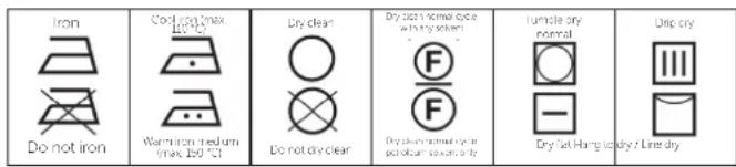 Iron Do not iron Cool iron max. Iron 200 °C Warm iron medium max. 250 °C Dry clean Do not dry clean Dry clean normal cycle in heavy solvent Dry clean normal cycle polarized normal dry Dry Salt. Hang dry Dry / Light dry