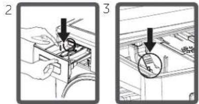 Diagram showing two steps of a mechanical or electrical component assembly, labeled 2 and 3 with arrows indicating direction.