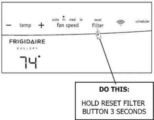 - temp + auto hi med lo reset fan speed filter scheduler FRIGIDAIRE GALLERY 74° DO THIS: HOLD RESET FILTER BUTTON 3 SECONDS