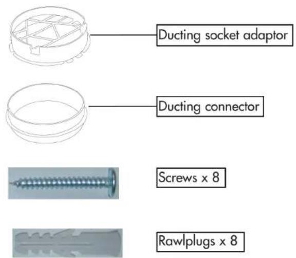 Ducting socket adaptor Ducting connector Screws x 8 Rawlplugs x 8