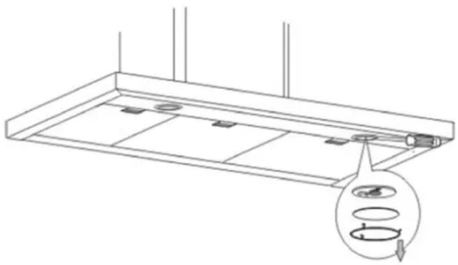 Technical line drawing of a ceiling-mounted fixture with internal components and a circular inset showing internal flow (no text or symbols)