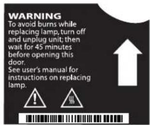 WARNING To avoid burns while replacing lamp, turn off and unplug unit; then wait for 45 minutes before opening this door. See user's manual for instructions on replacing lamp.