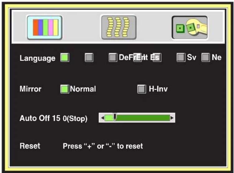 Language DeF Sv Ne Mirror Normal H-Inv Auto Off 15 0(Stop) Reset Press "+" or "-" to reset