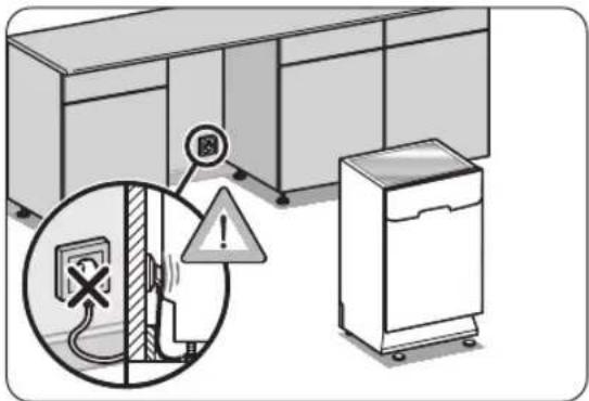 Safety warning illustration showing electrical hazard with a power outlet, warning symbol, and factory background