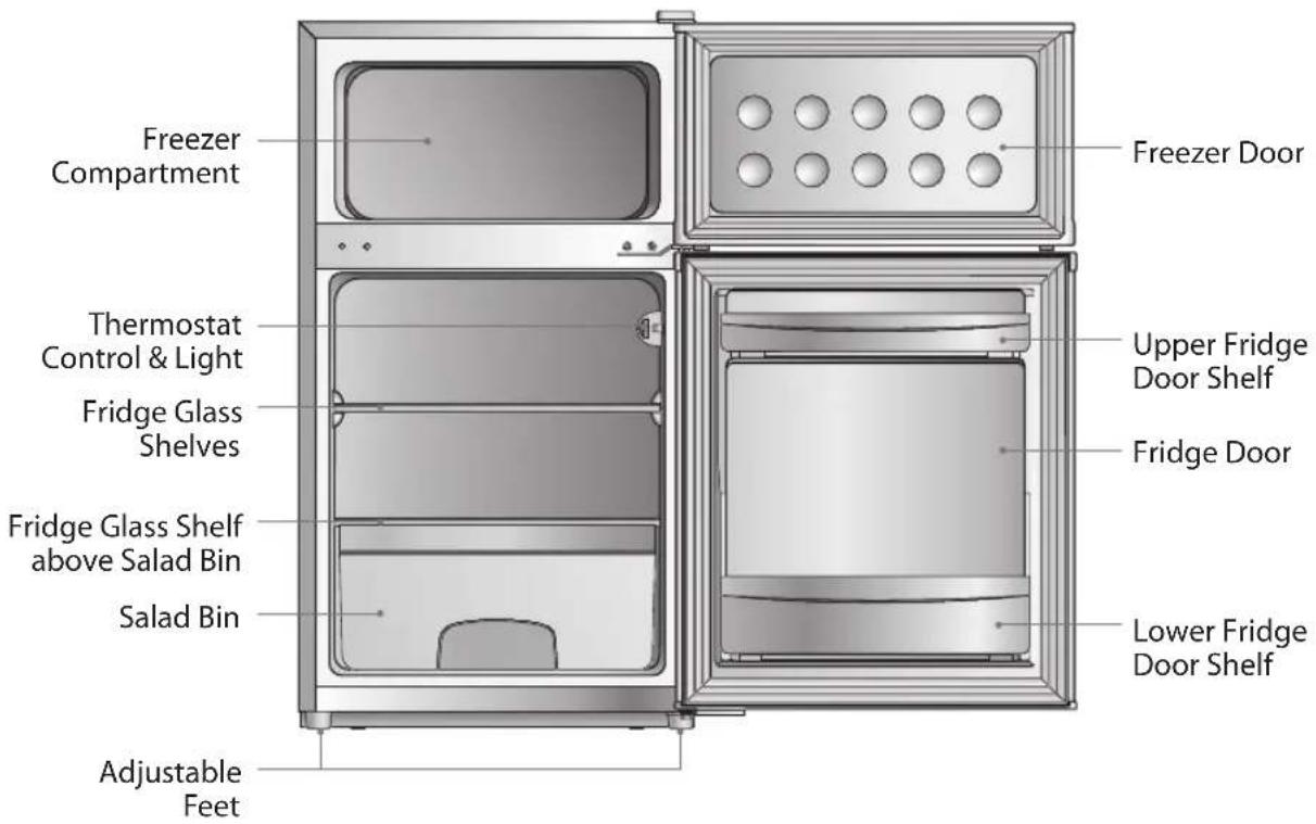 Freezer Compartment Thermostat Control & Light Fridge Glass Shelves Fridge Glass Shelf above Salad Bin Salad Bin Adjustable Feet Freezer Door Upper Fridge Door Shelf Fridge Door Lower Fridge Door Shelf