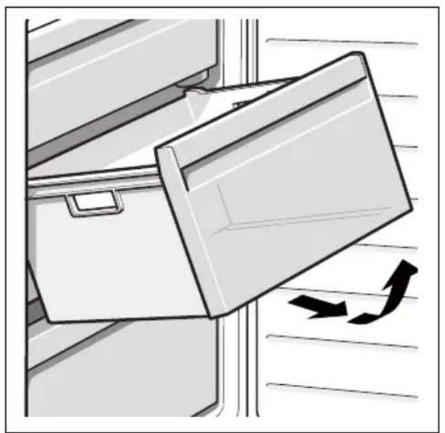 Illustration of a refrigerator with an open door and a curved arrow indicating motion, no text or symbols.