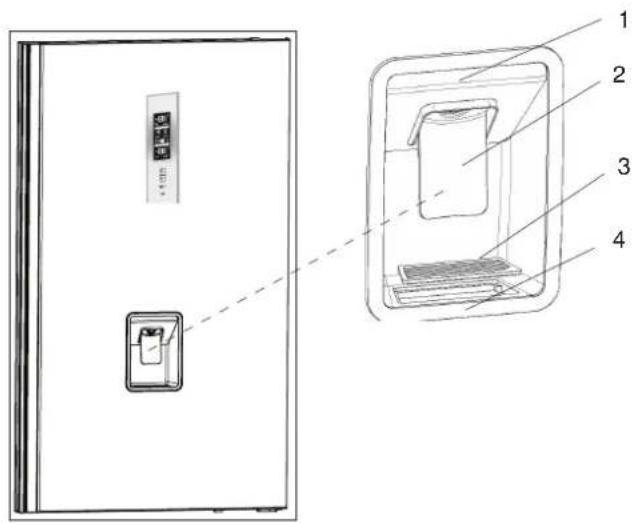 Technical diagram of a refrigerator with labeled parts and internal structure, showing front and side views.