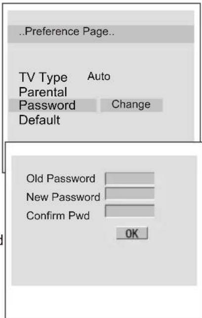 ..Preference Page.. TV Type Auto Parental Password Change Default Old Password New Password Confirm Pwd OK