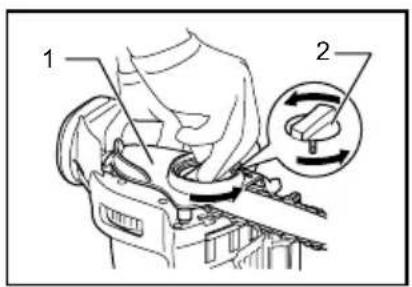 Technical diagram showing a hand using a tool to adjust or install a component, with labeled parts 1 and 2.