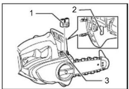 Technical diagram of a chain-linking device with labeled parts and an inset showing the close-up detail.
