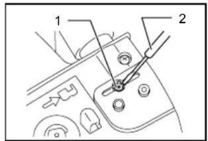 Technical diagram showing a mechanical component with labeled parts 1 and 2, including tool tips and adjustment knobs.