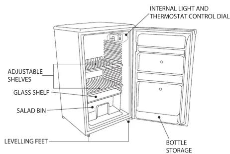 INTERNAL LIGHT AND THERMOSTAT CONTROL DIAL ADJUSTABLE SHELVES GLASS SHELF SALAD BIN LEVELLING FEET BOTTLE STORAGE