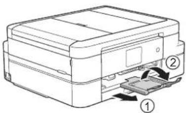 BROTHER DCP-J983N - 用紙ストッパーを確実に引き出し (1)、フラップを開く (2) - 1