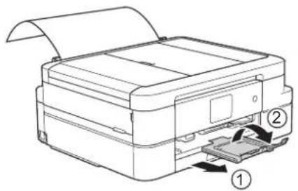 BROTHER DCP-J983N - 用紙ストッパーを確実に引き出し (1)、フラップを開く (2) - 1
