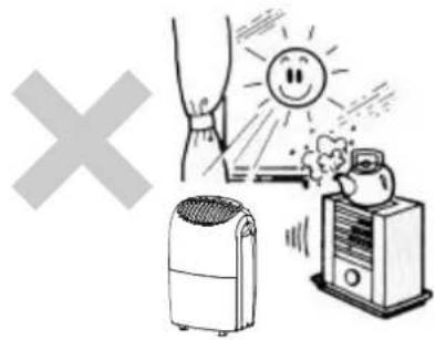 Safety warning illustration showing a hand holding a wristband with a smiling sun, a heater, and a refrigerator with a smokestack.